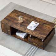 Rustic Storage Coffee Table featuring warm wood grain finish and metal pillars, styled with decor items.