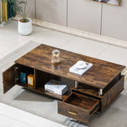 Rustic Storage Coffee Table with drawer and open compartments for books and decor in a modern living room setting.