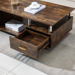 Rustic Storage Coffee Table with open drawer and decorative items on top, featuring wood grain finish and metal pillars.