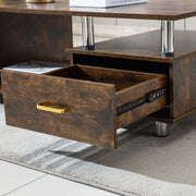 Rustic Storage Coffee Table featuring a drawer with a warm wood grain finish and metal pillars.