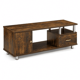 Rustic Storage Coffee Table featuring a warm wood grain finish and sleek metal pillars, ideal for modern living rooms.