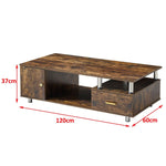 Rustic Storage Coffee Table with wood grain finish, metal pillars, and storage drawer, dimensions 120cm x 60cm x 37cm.