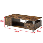 Rustic Storage Coffee Table with wood grain finish, metal pillars, and storage drawer, dimensions 120cm x 60cm x 37cm.