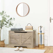 Rustic Wooden Storage bench in a stylish entryway setting with a mirror and decor, perfect for organization and storage.