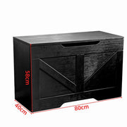 Rustic Wooden Storage bench in black, dimensions 80cm x 40cm x 58cm, ideal for home organization and entryway use.