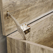 Close-up of the hinge mechanism on a Rustic Wooden Storage bench, showcasing its durable design and functionality.