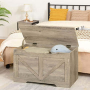 Rustic Wooden Storage bench open with plush toy inside, perfect for bedroom organization and clutter hiding.