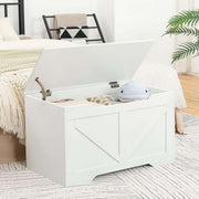 Rustic Wooden Storage bench with lid open, organized with toys and blankets in a stylish bedroom setting.