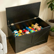 Rustic Wooden Storage bench filled with toys, perfect for organizing and decluttering any space.