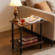 Industrial 2-Tier Side Table CT-331 with a lamp, books, and tea cup in a living room setting.