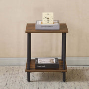 Industrial 2-Tier Side Table with two shelves, featuring books and a clock, ideal for living room or office use.