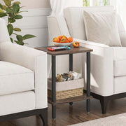 Industrial 2-Tier Side Table CT-331 styled between two light-colored armchairs with decorative items.