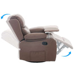 Swivel Rocker Recliner with tray table in brown leather, showcasing reclining motion and ergonomic support.