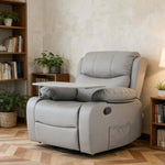 Swivel Rocker Recliner with tray table in a cozy living room setting, designed for comfort and relaxation.