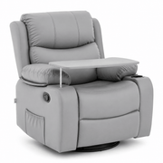 Comfortable Swivel Rocker Recliner with Tray Table in light gray upholstery for ultimate relaxation.