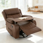 Swivel Rocker Recliner with tray table and book, perfect for home theater or relaxation space.