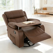 Swivel Rocker Recliner with tray table and book, perfect for home theater or relaxation space.
