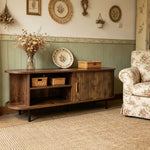 Modern tambour door TV stand with sliding slatted wooden doors