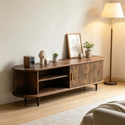 Tambour door TV stand showcasing spacious media storage shelves