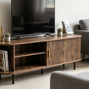 Sliding tambour door TV stand showing open storage compartments and cable management