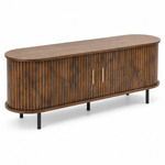 Mid-Century tambour door TV stand with slatted wood design and gold handles