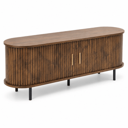 Mid-Century tambour door TV stand with slatted wood design and gold handles