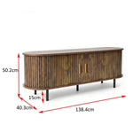 Tambour door TV stand with sliding wooden doors, dimensions: 138.4cm wide, 40.3cm deep, 50.2cm high.