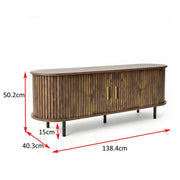 Tambour door TV stand with sliding wooden doors, dimensions: 138.4cm wide, 40.3cm deep, 50.2cm high.