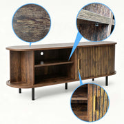 Elegant wooden tambour door TV stand showcasing smooth sliding door mechanism