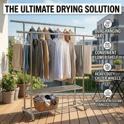 Double Rail Clothes Rack with Shoe Shelf showcasing dual hanging bars, lower shelf, and heavy-duty caster wheels.