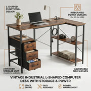 L-Shaped Desk with Power Outlets & Drawers
