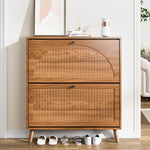Walnut Slim Flip Shoe Cabinet with 2 Drawers featuring elegant fluted design and space-saving flip-drawer style.
