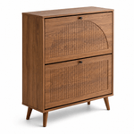 Walnut Slim Flip Shoe Cabinet with 2 Drawers featuring fluted wood paneling and a sleek design