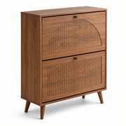 Walnut Slim Flip Shoe Cabinet with 2 Drawers featuring fluted wood paneling and a sleek design