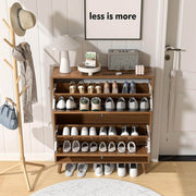 Walnut Slim Flip Shoe Cabinet with 2 Drawers elegantly organizing shoes in a stylish entryway.