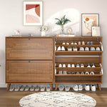 Walnut Slim Flip Shoe Cabinet with 2 Drawers and organized shoe storage in a modern entryway setup.