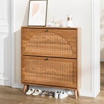 Walnut Slim Flip Shoe Cabinet with 2 Drawers showcasing elegant design and organized shoe storage in a modern hallway setting.