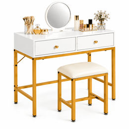 White dressing table with round mirror, two drawers and matching gold-frame stool