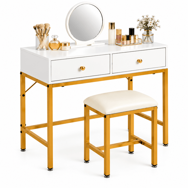White dressing table with round mirror, two drawers and matching gold-frame stool