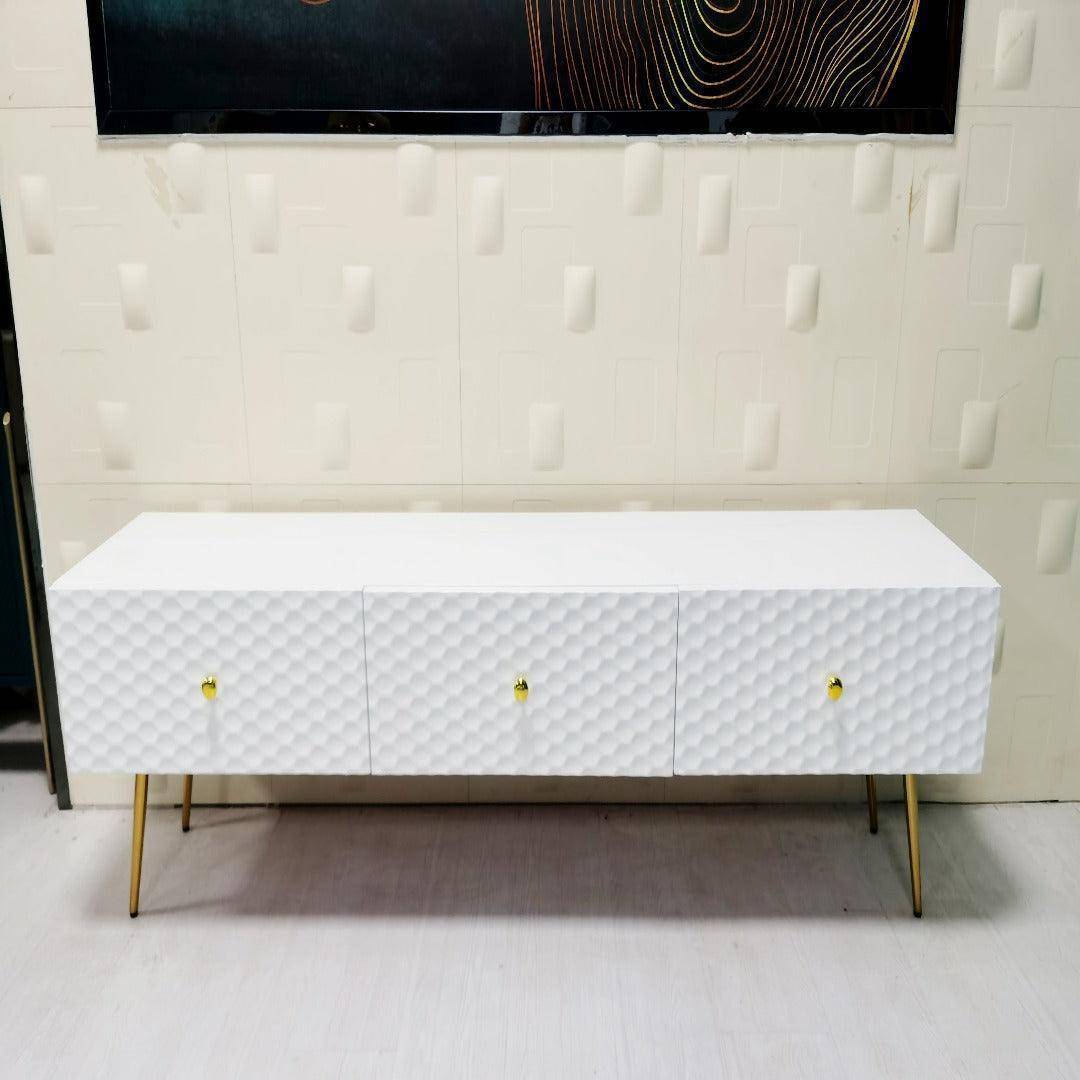 Elegant white glossy ivory TV stand with gold accents - A1818