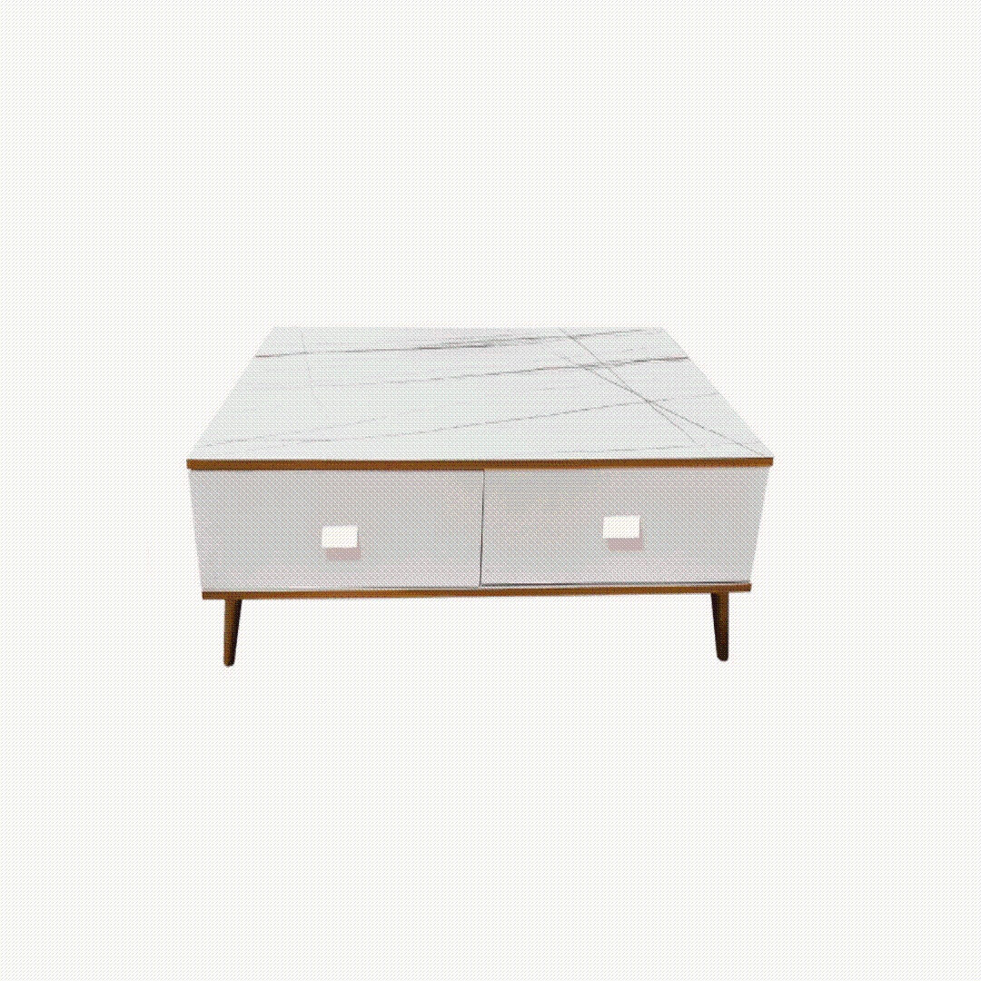 White and black bone inlay coffee table with gold accents and wooden legs - CT-3025