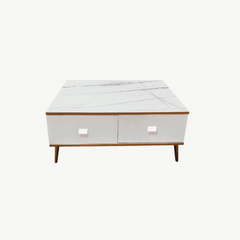 White and black bone inlay coffee table with gold accents and wooden legs - CT-3025